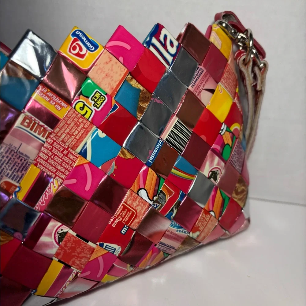 Nahui Ollin Bag Wristlet Recycled Candy Gum Wrapper Woven Multicolored Purse 7”